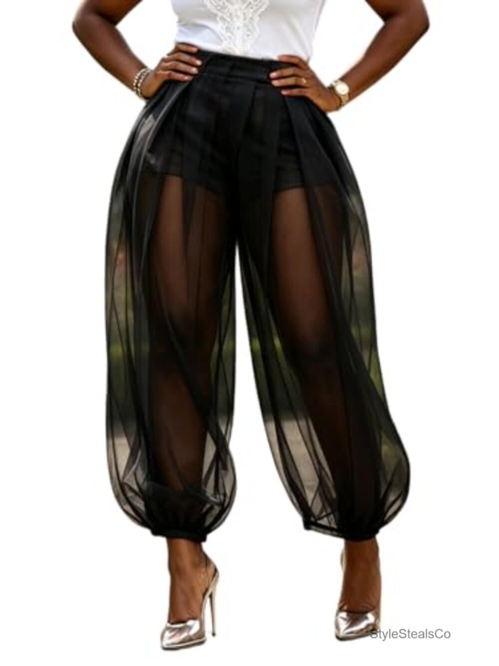 Women Sheer Tulle Mesh Balloon Pants High Waist Pleated Wide Leg Trousers